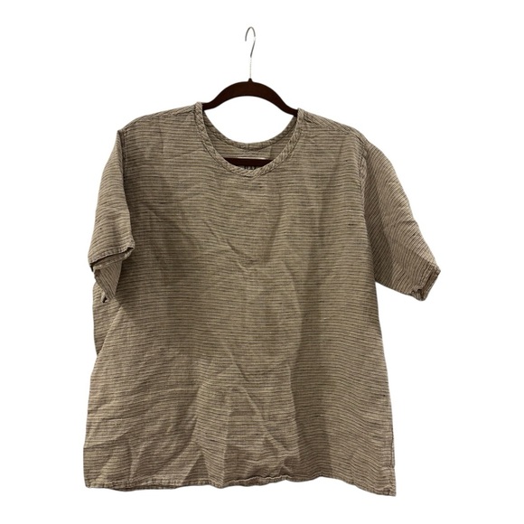 Flax Women's 100% Linen Short Sleeve T-Shirt Top in Neutral Pinstripe Size Large - Picture 3 of 6